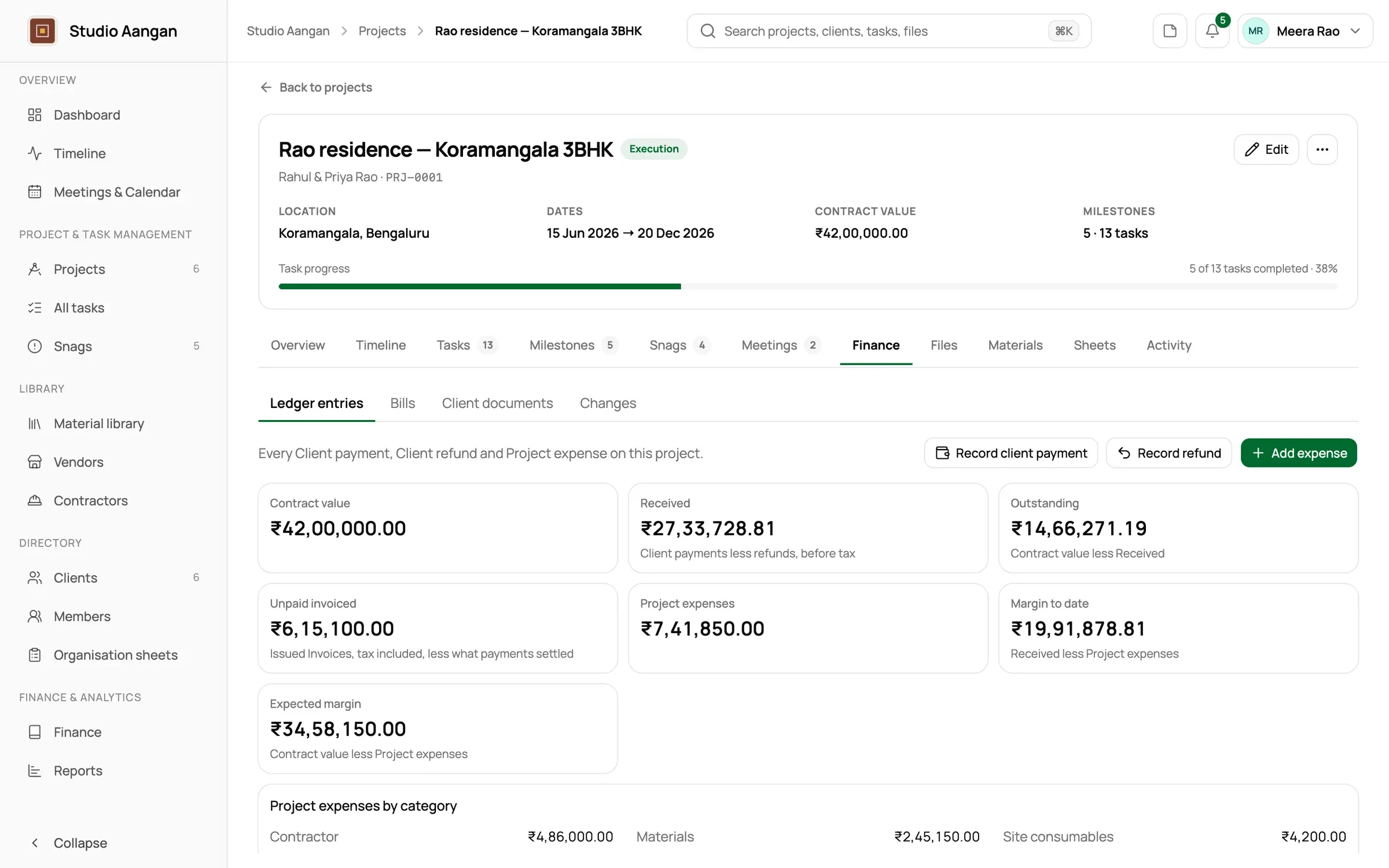 A project's ledger with client payments, expenses and margin to date