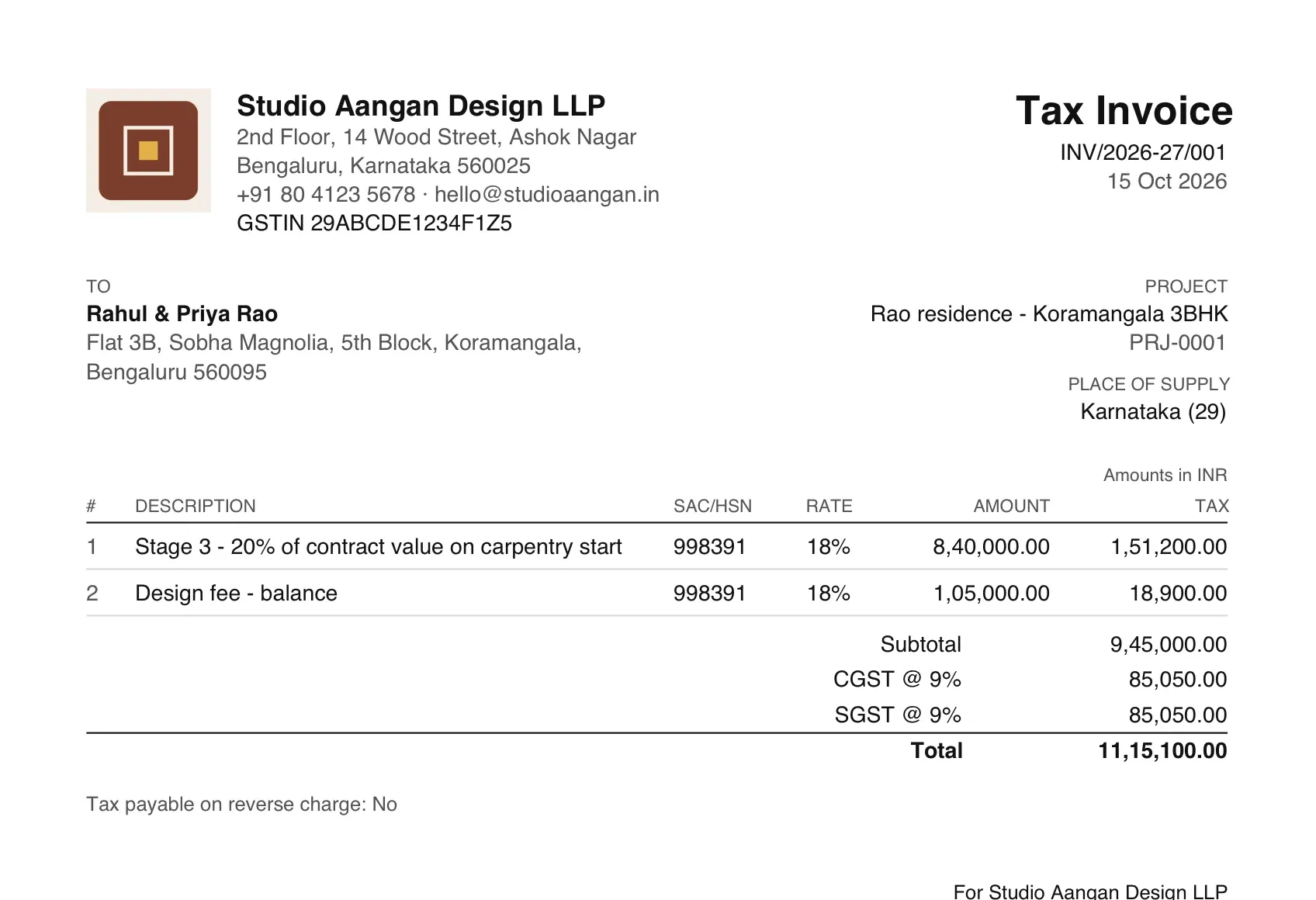 A GST tax invoice on the studio's letterhead