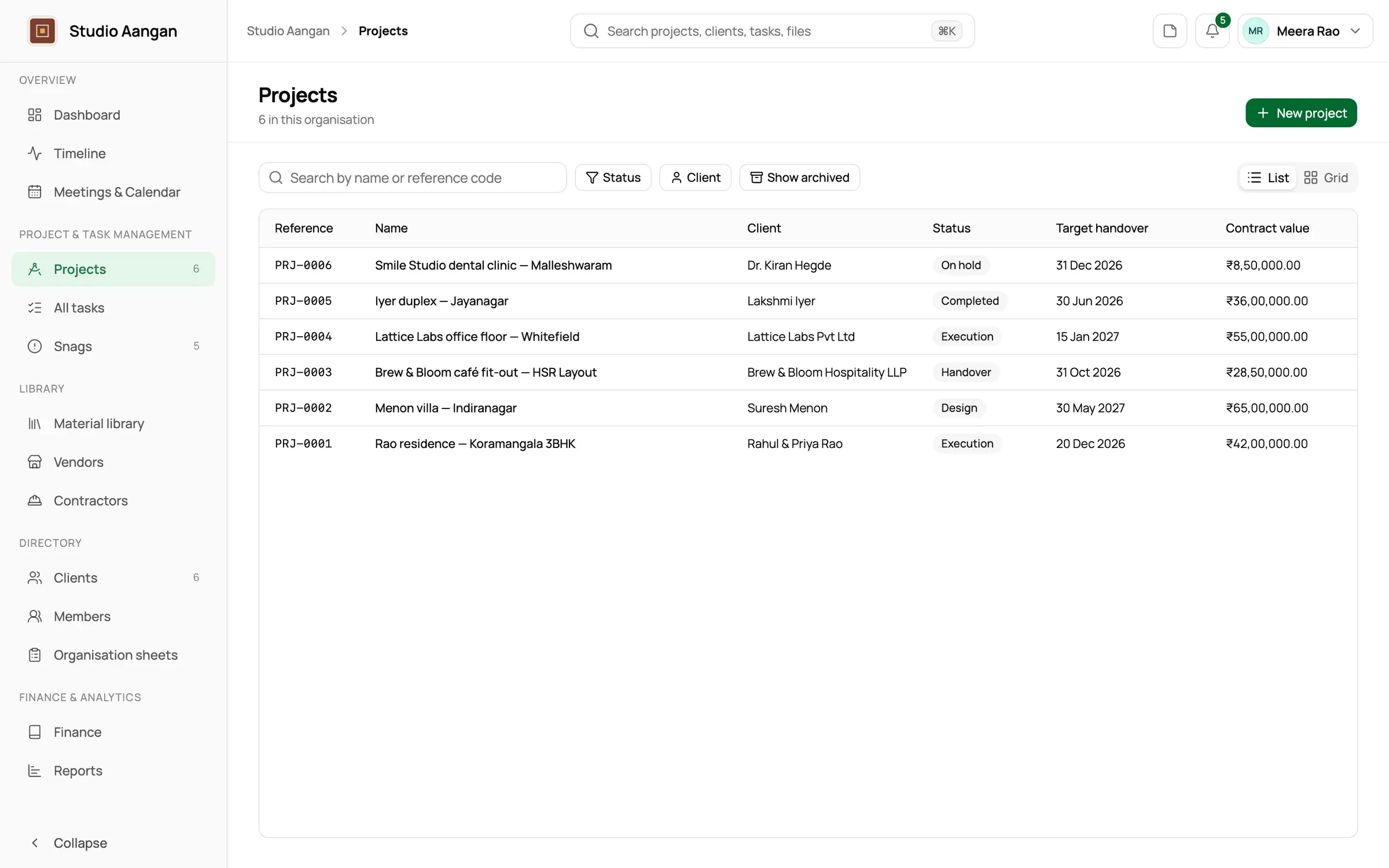 The DoYourDesign projects list showing six interior projects with status, client and handover date